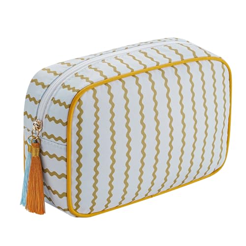 RSRSLEII Large Striped Travel Makeup Bag, Zippered Toiletry Bag,Yellow Wavy
