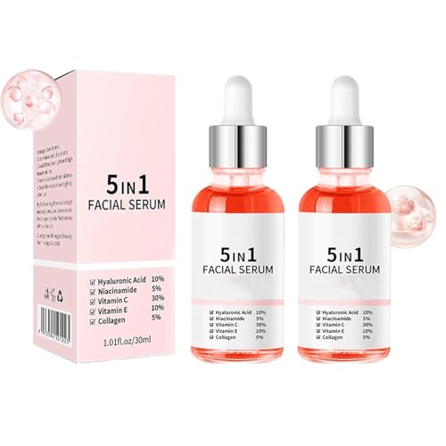 Suero Facial 5 en 1, Aceite Facial Vitaminado, Suero Antiedad 5 en 1, Antiarrugas y Reafirmante, Aclara Manchas, Hidrata y Nutre, Apto para Todo Tipo de Piel