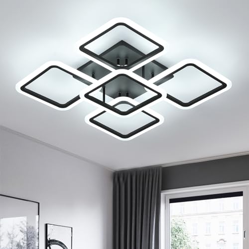 Comely Plafonnier LED Moderne, 61W 7000LM Simple Square 5 Têtes Lampe de Plafond LED, Noir Luminaire Plafonnier LED pour Salon, Chambre, Cafétéria, Blanc Froid 6500K