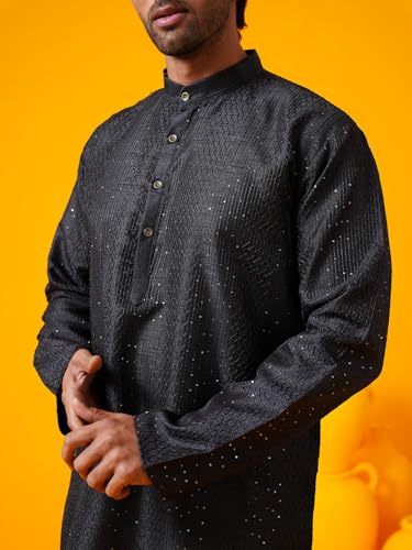 Image of SOJANYA (Since 1958 Men's Silk Bend Krochet Thread Embroidered Kurta with White Pyjama