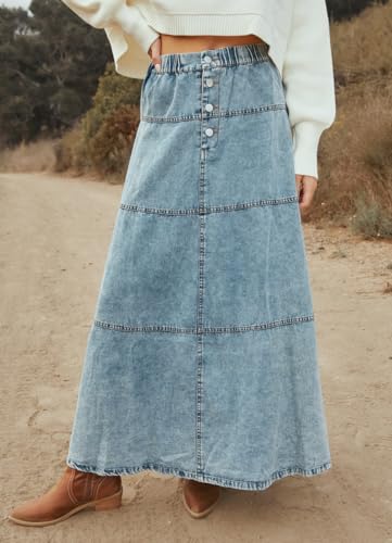 chouyatou Women's Vintage A-Line Maxi Denim Skirt Elastic High Waist Cowgirl Long Jean Tiered Skirt2
