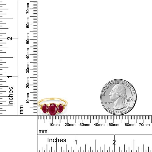 Gem Stone King 10K Yellow Gold Red Ruby and Diamond Accent 3-Stone Ring | 2.84 Cttw | Oval 8X6MM and 6X4MM | 3 Stone Wedding Engagement Anniversary Promise Ring For Women3