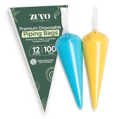 Image of Zuvo Disposable Piping Bags (100 Pack – 12 Inches) | Thick Transparent Tipless Icing Bags | Non-Slip, Burst-Proof, Food-Grade Pastry Bags for Decorating Cakes, Cupcakes, Biscuits & Pastries