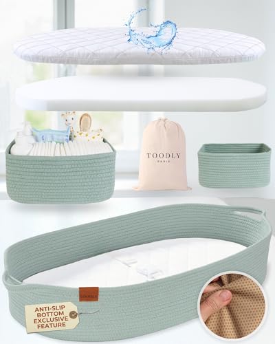 Image of Baby Changing Basket with Diaper Caddy - Sage Green Moses Basket for Babies - Cotton Rope Diaper Changing Basket - Baby Diaper Changing Pad for Dresser - Changing Table Topper for Dresser - Toodly