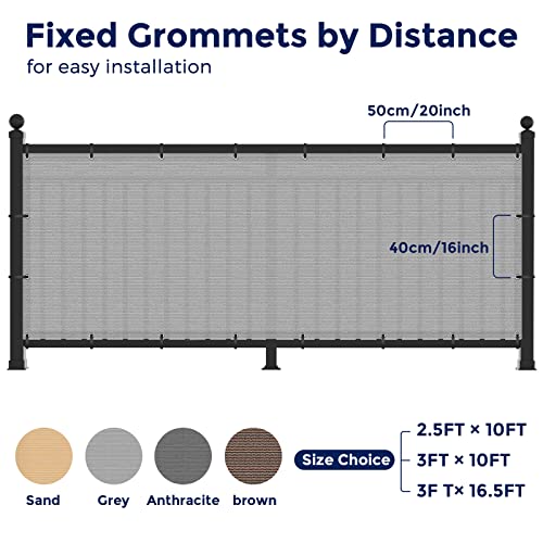 Duerer Balcony Screen Privacy Fence Cover 3' X 16.5' Grey Fence Netting Mesh Shade Cloth Fabric Uv Protection For Apartment Balcony Railing Porch Outdoor, Backyard, Patio, Included Cable Ties Rope #TOP5