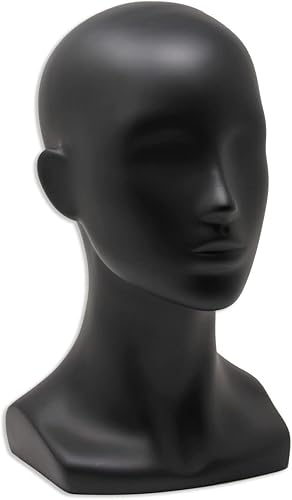 DBM IMPORTS Maniquí de cabeza femenina negro de 13 pulgadas de alto para mostrar pelucas, sombreros, auriculares, máscaras, gafas de sol