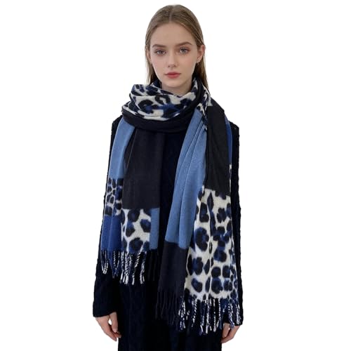 ZCJ Schal Damen Warm Herbst Winter Leopardenmuster - Kaschmir Gefühl Leo Halstuch mit Fransen, Winterschal für Damen als Premium Tuch & Animal Print...