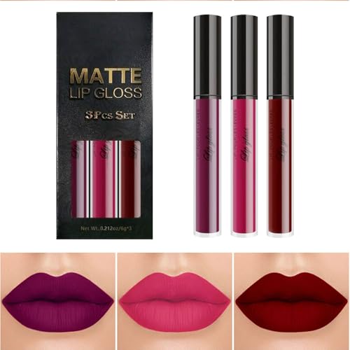 Matte Lip Gloss Set, 3PCS Pink Purple Red Lipsticks, Hot Color Non-stick Cup Lipstick Kit, Long Lasting Highly Pigmented Liquid Lipstick, Lips Balm for Women Make Up