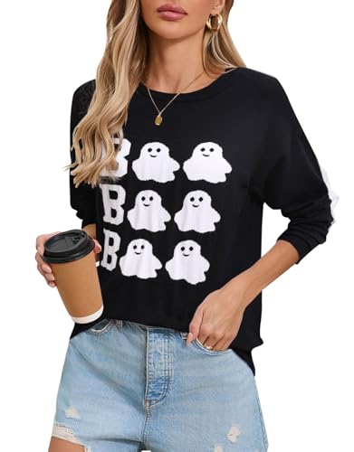 Image of Women's Lightweight Thin Knit Sweater Long Sleeve Crew Neck Ghost Pattern Halloween Pullover (Black 77,Large)