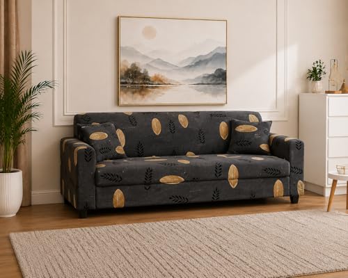Image of Universal 3 Seater Sofa Cover Fully Covered Stretchable Spandex Non-Slip Elastic Slipcover | Soft Washable Fabric Sofa Protector for Living Room Furniture (Dark Grey Leaf)
