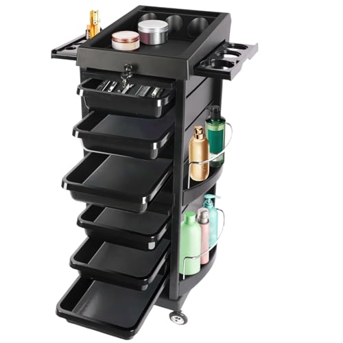 EBANKU Black Salon Trolley Cart with Wheels, Locking Salon Beauty Rolling Trolley Carts Hair Salons Storage Cabinet Barber Organizer Tool Multi Drawers Rolling Cart for Hair Supplies