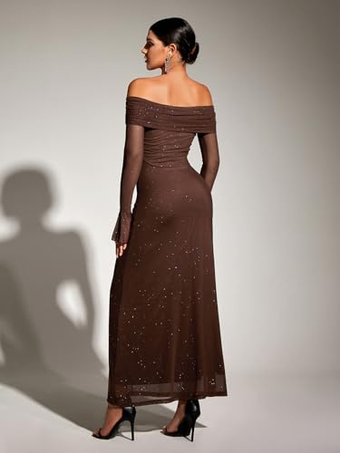 Kutumai Women Off Shoulder Bodycon Maxi Dress Long Sleeve Mesh Ruched Party Formal Wedding Guest Dresses Sequin Brown M thumb #2
