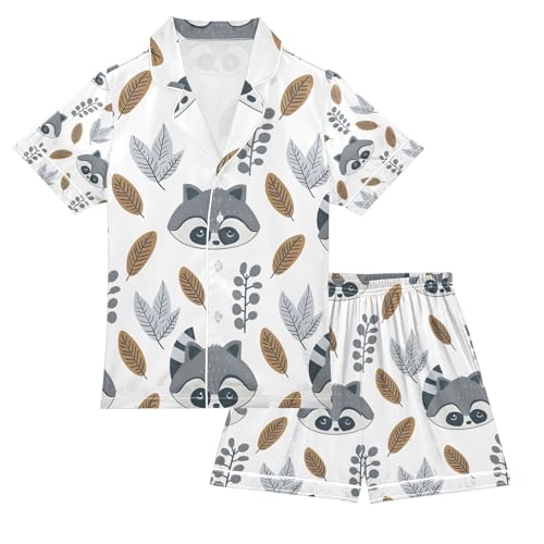 senya Raccoon Small Leaves Satin Summer Pajama Sets Silk Short Sleeve Button Down Sleepwear