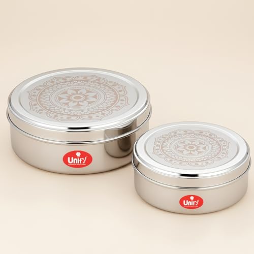 Image of Unify 2 Pieces Stainless Steel Puri Dabba Set | Flat Canisters (900ML, 1200ML) | Airtight Dry Fruit, Masala, Snacks & Sweet Storage Containers | Premium Kitchen Storage & Gift Set