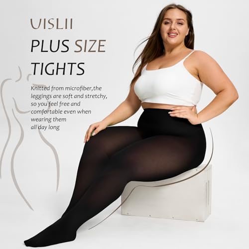 Plus Size Tights for Women,2 pairs 80D Semi Opaque Tights women,Solid Color Soft High Waist Stockings Size Up to 6XL.4