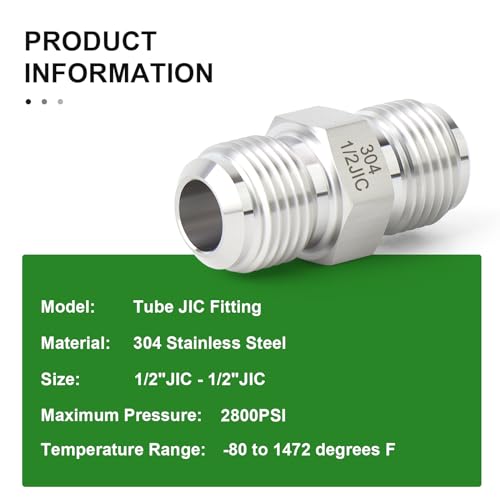 Image of TAISHER 2PCS Forging of 304 Stainless Steel JIC Flare Tube Fittings, 1 /2 inch JIC Male x 1 /2 inch JIC Male, Union