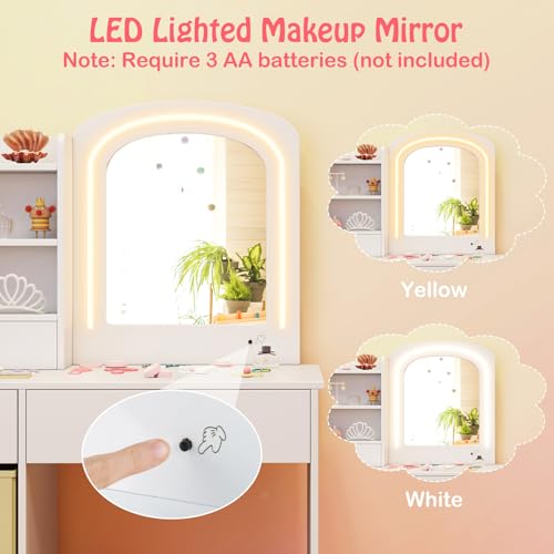 Image of HONEY JOY Kids Vanity, Little Girls Vanity Set with Mirror and Stool and Lights, Wooden Princess Makeup Dressing Table, Storage Box & Shelf, Pretend Play Kids Vanity Table and Chair Set(White)