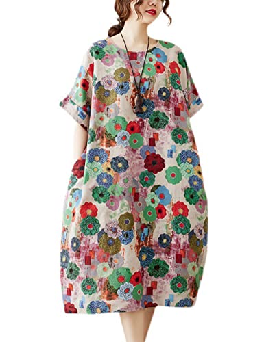 Image of LUZU JUNU Women's Summer Baggy Plus Size Loose Cotton Linen Long Boho Beach Dress with Pockets