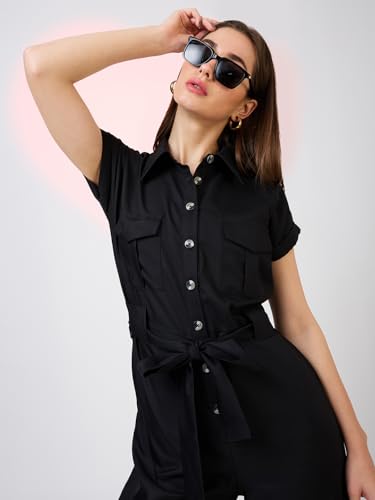 Image of Globus Women Olive Solid Shirt Collar Jumpsuit with Waist Tie-Up-3638458001