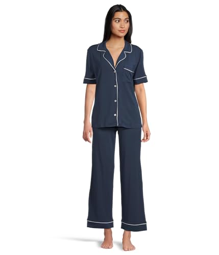Eberjey Gisele Classic Women's Pajama Set | Short Sleeve Button Down Shirt with Front Pocket, Long Pants with Elastic Waist Navy/Ivory