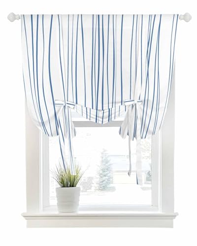 Tie Up Curtains for Windows Retro Blue Line Rod Pocket Tie-Up Window Shade Adjustable Balloon Curtain Valance Abstract Geometric Art for Bedroom Kitchen Bathroom Blinds,34x45in