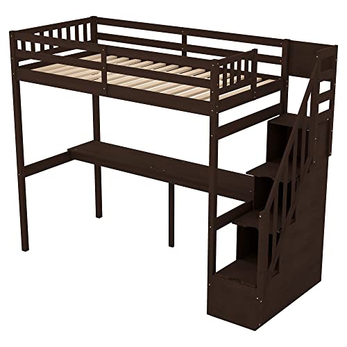 Twin Size Loft Bed With Stairs And Desk, Wood Twin Loft Bed With Storage Staircase , Kids High Loft Bed Twin For Girls, Boys, Bedroom, Dorm, No Box Spring Needed (Loft Bed Twin Size, Espresso) #TOP5