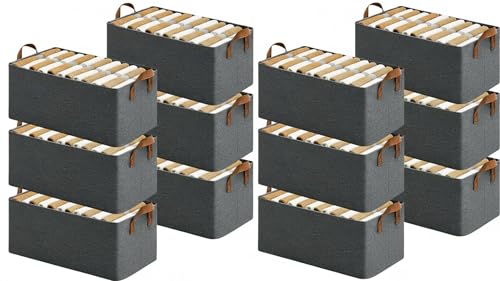 Image of Foldable Fabric Storage Baskets with Metal Frame & Handles - Wardrobe Organizer for Clothes, Shirts, Pants, Jeans, Sweaters & Dresses Pack of 12