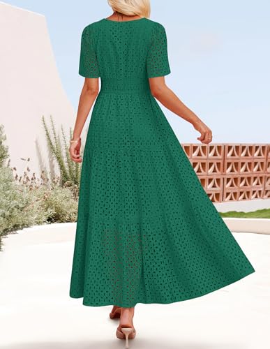 Image of ZESICA Women's 2026 Summer Short Sleeve Maxi Dress Casual V Neck Hollow Out Eyelet Ruffle Swing A Line Long Dresses