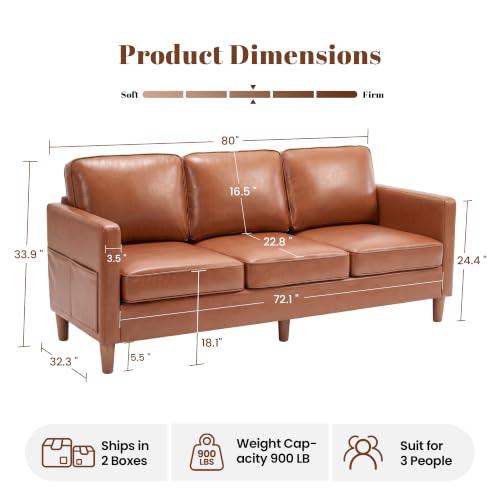 Image of 80 inch Faux Leather Sofa Mid Century Modern 3 Seater Couch for Living Room | Removable Seat & Backrest Covers, Side Storage Pocket, Wood Legs, Office, Apartment, Bedroom