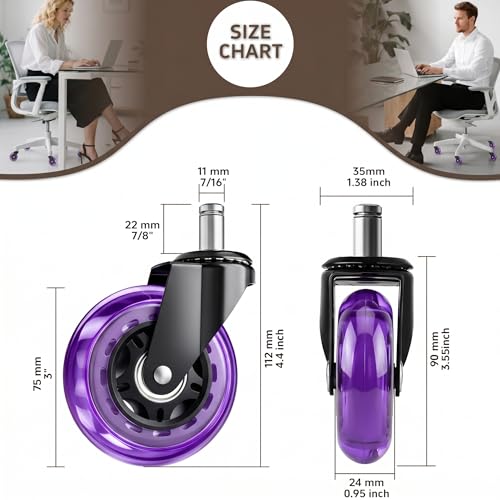 Image of 3 Inch Office Chair Wheels, Set of 15 (Purple) | Heavy Duty Replacement Casters for Hardwood Floor & Carpet, Smooth Quiet Roll, Universal 11mm Stem, Non-Marking PU Wheels