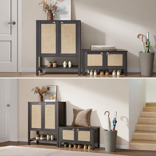 Image of SICOTAS Shoe Storage Cabinet for Entryway - 5 Tier Rattan Entry Shoe Organizer Cabinet with Shelves & Doors, 2 Pieces Farmhouse Boho Tall Shoe Rack for Hallway, Living Room, Closet (Obsidian)