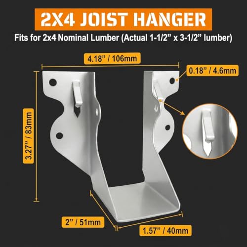 Image of 25 Pack 2x4 Joist Hangers, 18 Gauge Galvanized Face Mount | Wood connectors for rafters, beams and framing projects; suitable for decks, floors and pergolas.