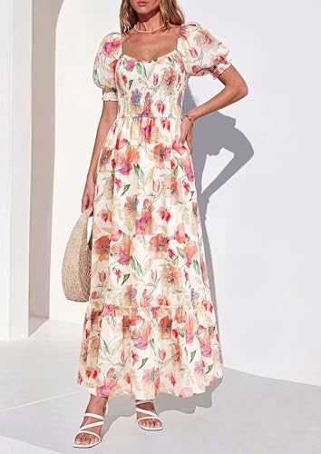 PRETTYGARDEN Women's Floral Boho Maxi Dresses Flowy Short Sleeve A Line Smocked Eyelet 2026 Summer Beach Vacation Clothes (White Big Flower,Medium) — view 2