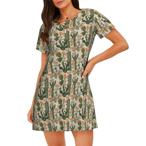 Robe de nuit femme imprimé cactus vert légère à manches courtes