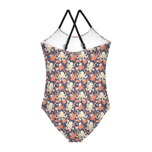 senya Girls Swimsuits One-Piece Swimwear Tie Bathing Suit Beach Summer Round Neck 7-8T Octopus Coral Shell Pattern2