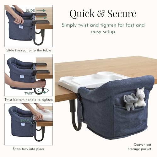 Image of Evolur Hook-On Baby High Chair, Portable Clamp-On Dining Seat with Dishwasher Safe Food Grade Tray, Clip-On Table Chair, Carry Bag, Back Pocket, ASTM Certified, 6-36 Months