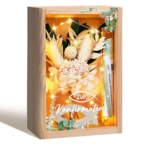 Geschenke zur Konfirmation Mädchen Jungen,Geldgeschenk Konfirmation,inklusive Holzbox+Trockenblumen+LED Lichterkette+Reagenzglas+Fish Holz+Konfirmationskarten,Konfirmationsgeschenke für Jungs Mädchen
