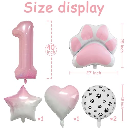 Image of 1st Birthday Dog Paw Balloons Set,18'' Paw Prints, Heart,Star,Paw Shaped Foil Balloon 40 Inch Pink Number 1 Helium balloons for Puppy Themed Baby Shower First Birthday Party Decorations Supplies 6PCS