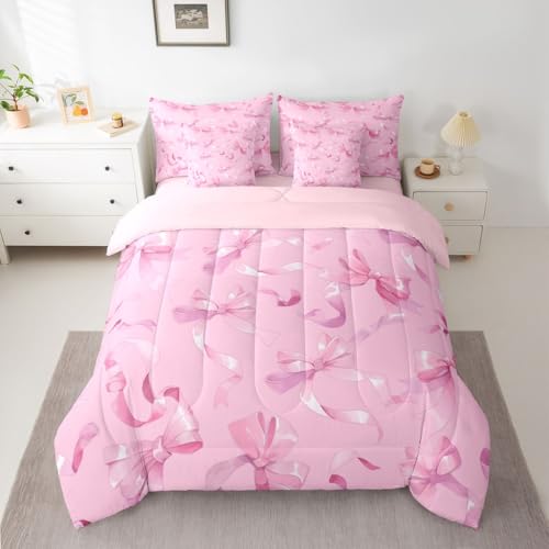 Image of Princess Bow Bed in a Bag King Size Comforter Set 7-Piece | Kawaii Bow Tie Bedding Sets Pink Bowknot Comforter and Sheet Set, Dreamy Ribbon Bow-Tie Room Decor