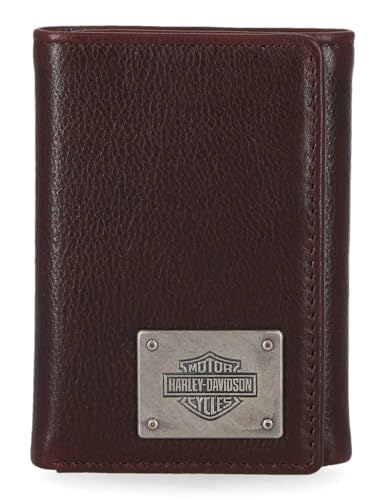 Harley-Davidson Men's Bar & Shield Plate Tri-Fold Leather Wallet - Oxblood Brown