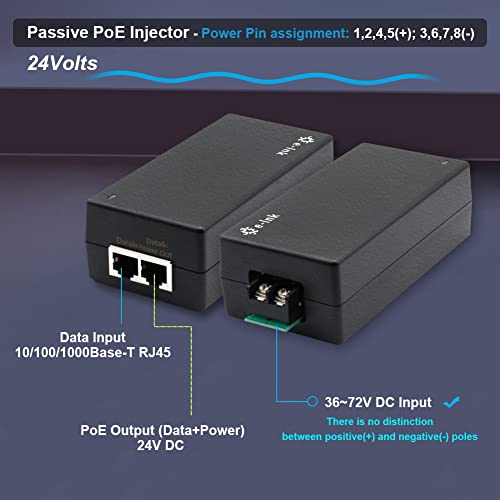 Image of Gigabit Passive PoE Injector 24W POE Adapter 36-72V DC Input 24V PoE Output Converter (Not for 802.3af /at Devices) Compatible with 24V Passive Netgear and Mikroik Devices
