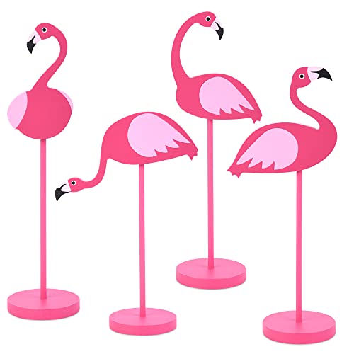 Image of 4Pcs Flamingo Wood Tall Standing Block Set Christmas Pink Flamingo Table Sign Tropical Bird Table Centerpieces Toppers for Home Office Desk Tier Tray Decor Party Supplies