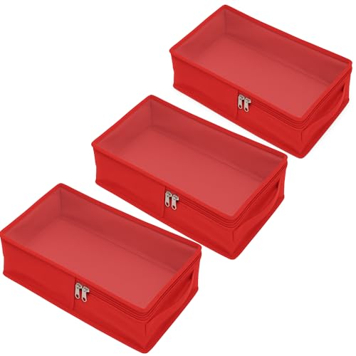Image of Under Bed Shoe Storage Organizer Box with Clear Plastic Zippered Cover | Large Durable Rexine Travel Shoe Bag for Men & Women | Pack of 3 | Shoes, Slippers & Sports Footwear Storage (Red)