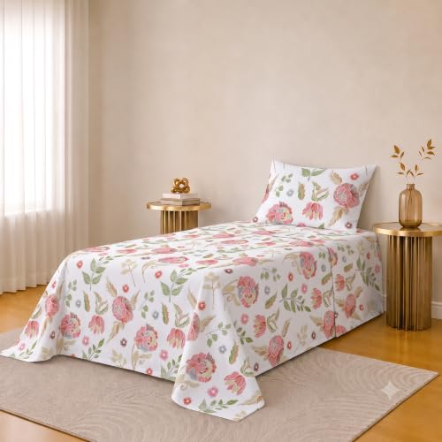 Image of IVAZA 220 TC Soft Ezyption Cotton Floral Single Bed Sheet - Single bedsheet with 1 Pillow Cover Hypoallergenic, Brethable, (Size- 90 x 60 Inch White Green