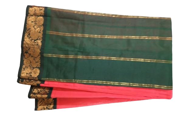 Image of Indian Traditional Pure Cotton Gadwall Saree, for Women, Peaches Pink Plain with Zori Worked Border