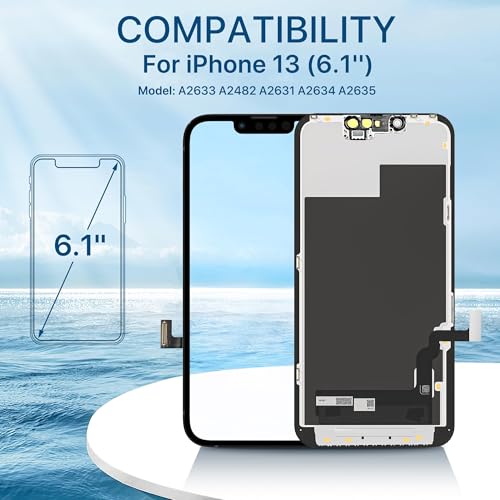 Hoonyer iPhone 13 Display Ersatz Set, LCD Bildschirm mit Rahmen & Digitizer, inkl. Reparatur-Werkzeug, wasserdichtem Kleber & gehärtetem Displayschutz – für iPhone 13 (6,1 Zoll)