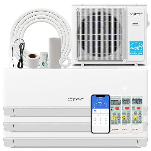 COSTWAY 30k Tri 3 Zone Mini Split Air Conditioner, 23 SEER2, 12k+12k+12k BTU, 208-230V, Wifi Enabled Multi Zones Mini Split AC Heat Pump Full Set, Ductless Energy Star