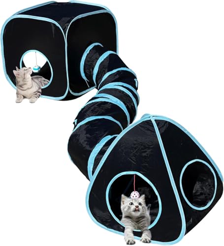 Image of GUSTYLE Cat Tunnel Toy Way, Collapsible Pet Play Tunnel Tube with Storage Bag for Cats, Puppy, Rabbits, Guinea Pig, Indoor and Outdoor Use (Blue 3 in 1)