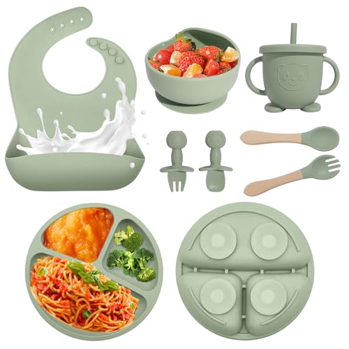 Image of Baby Led Weaning Supplies, 8 Piece BPA-Free Silicone Feeding Set, Silicone Suction Bowl, Forks & Spoons, Bib & Cup, Develops Self Feeding Skills, Dishwasher Safe, for 6+ Months (Green)