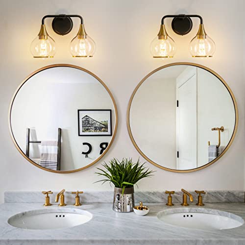 Image of Black and Gold Bathroom Light Fixtures 2-Lights Vanity Lights with Clear Glass Shade Bathroom Vanity Light 14 Inch Wall Sconces(Exclude E26 Bulb)